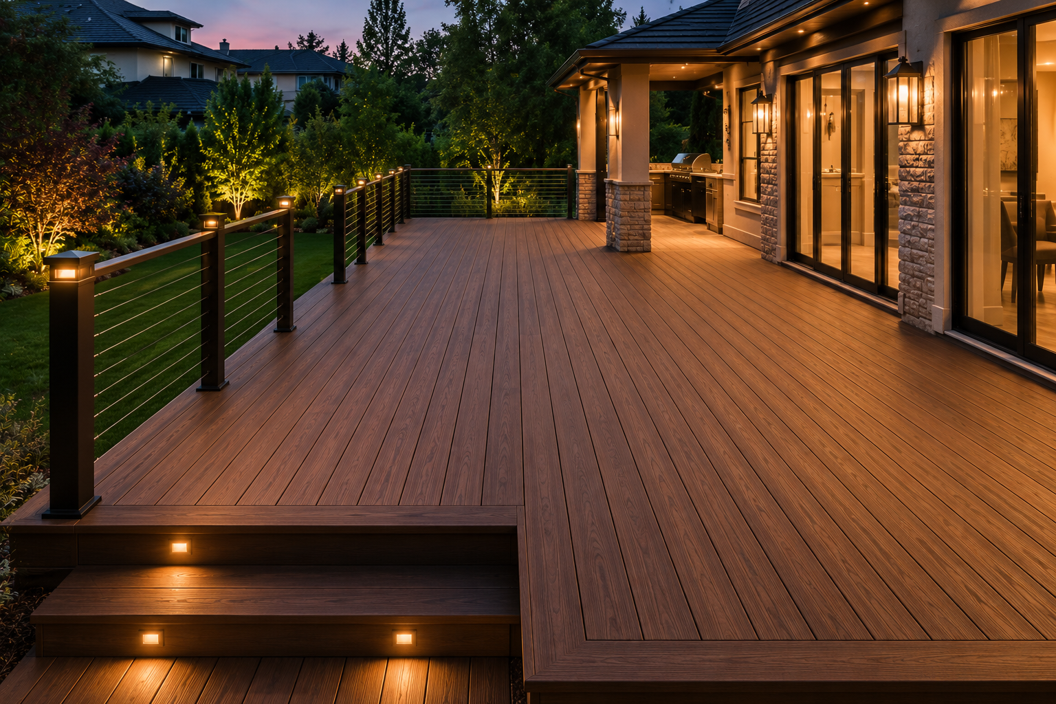 Custom deck with warm wood-tone composite boards, cable railing, and step lighting at dusk